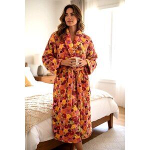 Soft Surroundings Multi-Color Floral Long Robe w/Tie Pockets Size L Cozy Lounge